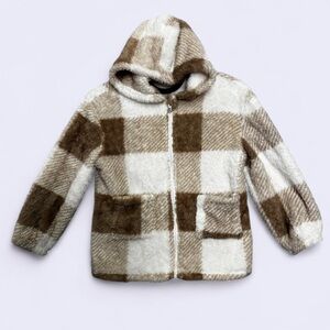 SHEIN Girls 8Y Brown White Buffalo Plaid Sherpa Teddy Bear Zip Jacket Coat Cozy